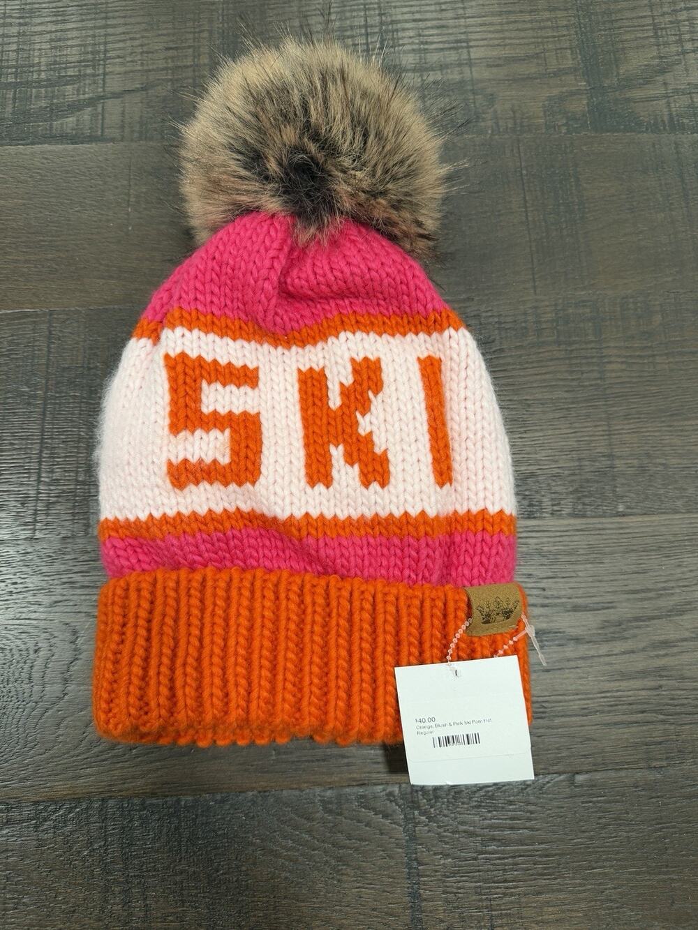 NEW Ski Pom Pom Beanie Hat Orange Pink Knit Faux Fur Winter Womens NWT